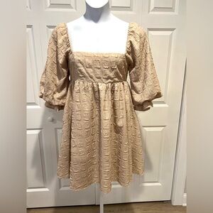 Sweet Lemon Beige Textured Puff Sleeve Square Neck Dress